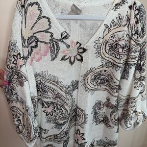 CHICOS WOMENS 3/4 SLEEVE V NECK SWEATER PINK BLACK AND IVORY SZ 2